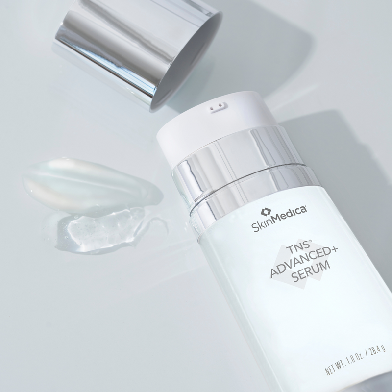 SkinMedica TNS Advanced+Serum with Lid off showing both textures of product, one clear and one milky